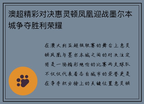 澳超精彩对决惠灵顿凤凰迎战墨尔本城争夺胜利荣耀